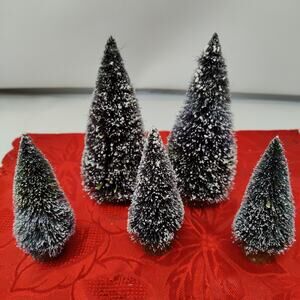 5X Vtg flocked Christmas trees Village Pine